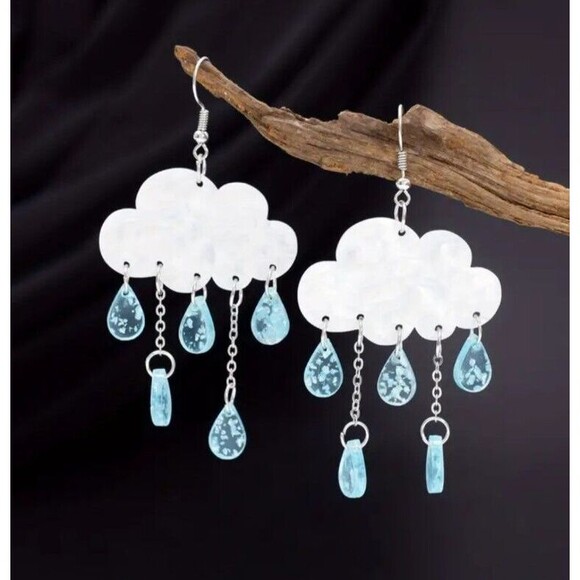 White Rain Clouds With Lt. Blue Dangle Raindrops 1.6" x 2.25" - Picture 6 of 7